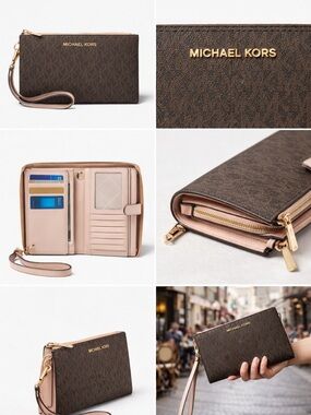 Michael Kors Jet Set Travel Large Double Zip Wristlet Wallet - Signature Brown/P